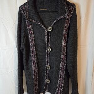 Gizel Brand Cozy Dark Grey Button-up Cardigan Purple Trim Acrylic/Wool Blend 1X